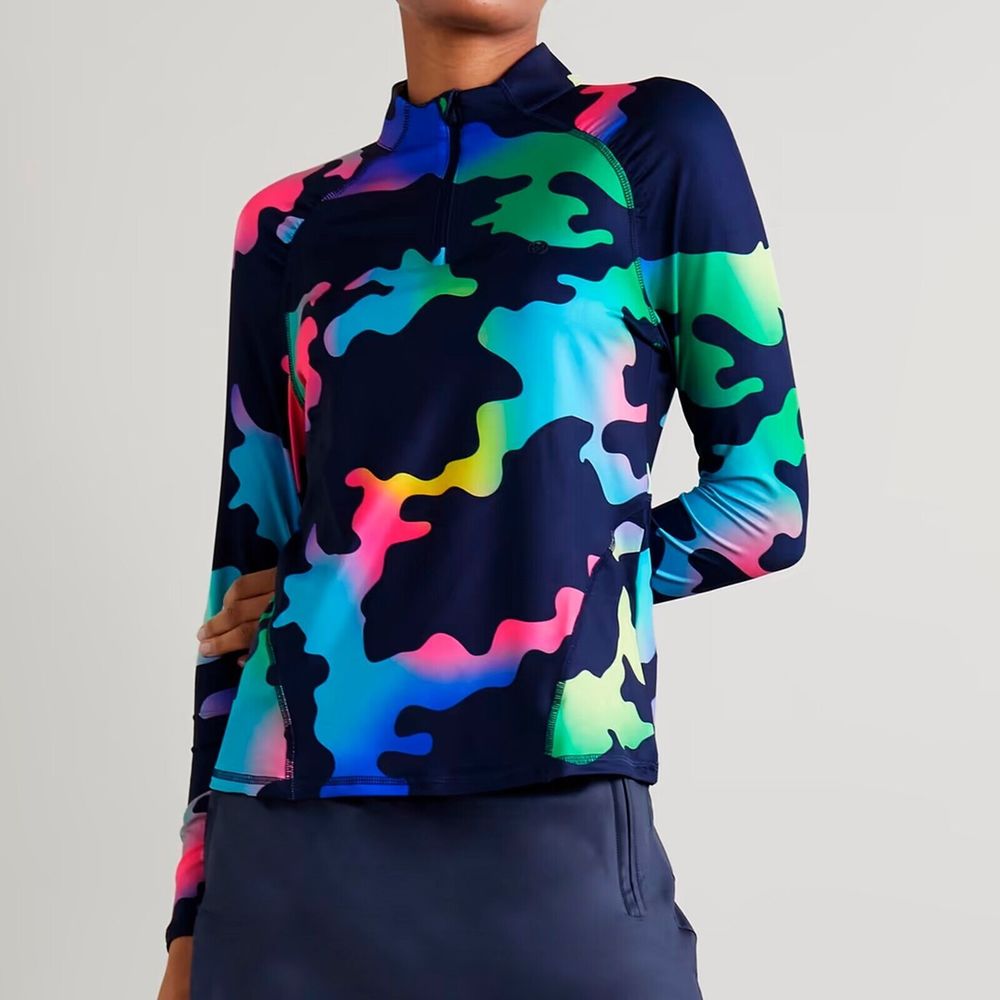 G/FORE Navy WMN Camo Tech Jersey Ruche Raglan Quarter-Zip Top SZ SML